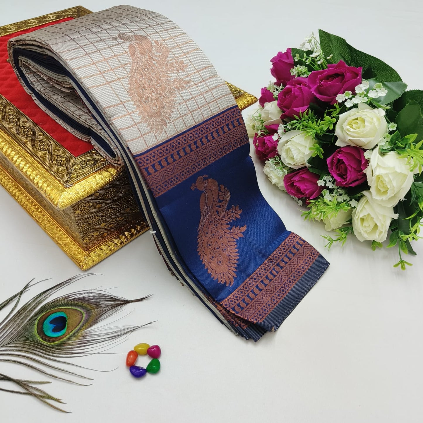 Elite Kupura Korvai Bridal Rapier Silk Saree – 3D Embossed Weaving with Rich Pallu & Contrast Blouse