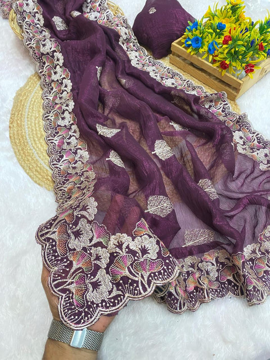 Crunchy Soft Silk Embroidered Party Wear Saree with Moti Work & Designer Blouse – Premium Collection