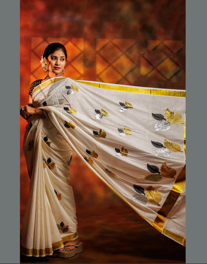 Kerala Kasavu Christmas Special Pure Cotton Saree with Embroidery – Traditional Festive Collection