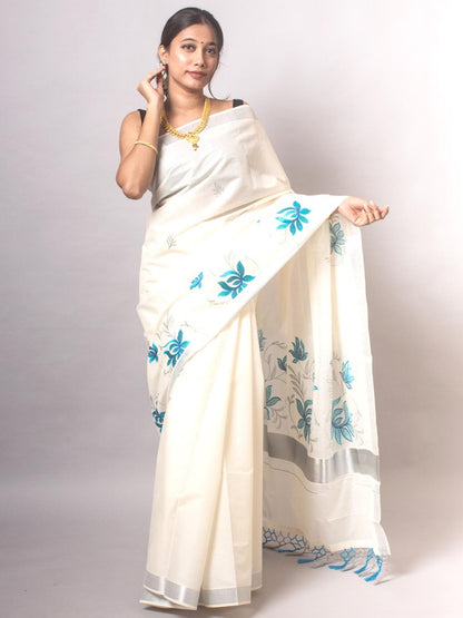 Kerala Kasavu Christmas Special Pure Cotton Saree with Embroidery – Traditional Festive Collection
