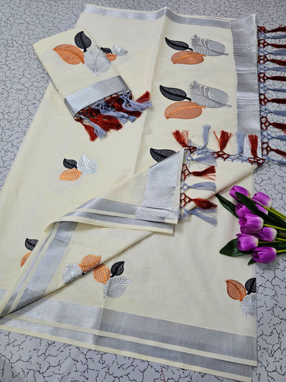 Kerala Kasavu Christmas Special Pure Cotton Saree with Embroidery – Traditional Festive Collection