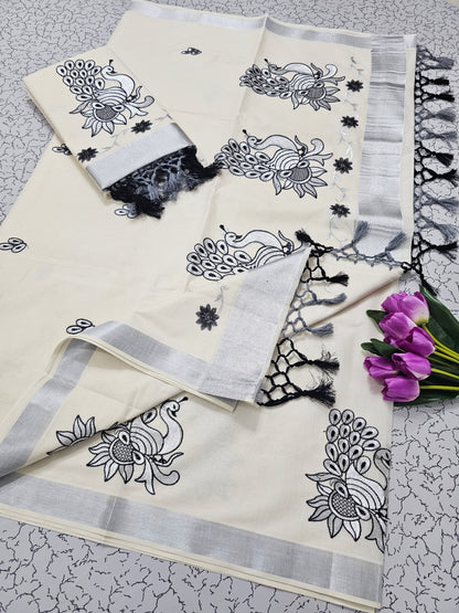 Kerala Kasavu Christmas Special Pure Cotton Saree with Embroidery – Traditional Festive Collection