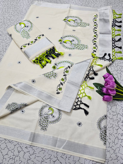 Kerala Kasavu Christmas Special Pure Cotton Saree with Embroidery – Traditional Festive Collection