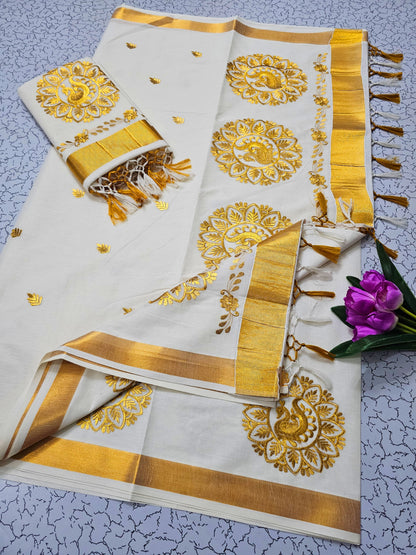 Kerala Kasavu Christmas Special Pure Cotton Saree with Embroidery – Traditional Festive Collection