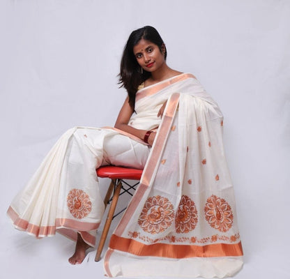 Kerala Kasavu Christmas Special Pure Cotton Saree with Embroidery – Traditional Festive Collection