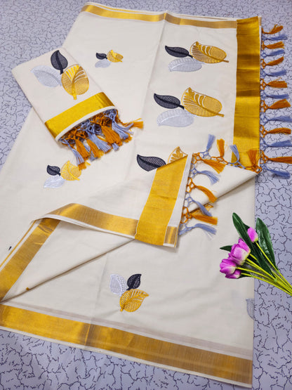 Kerala Kasavu Christmas Special Pure Cotton Saree with Embroidery – Traditional Festive Collection