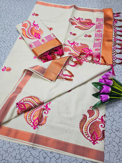Kerala Kasavu Christmas Special Pure Cotton Saree with Embroidery – Traditional Festive Collection