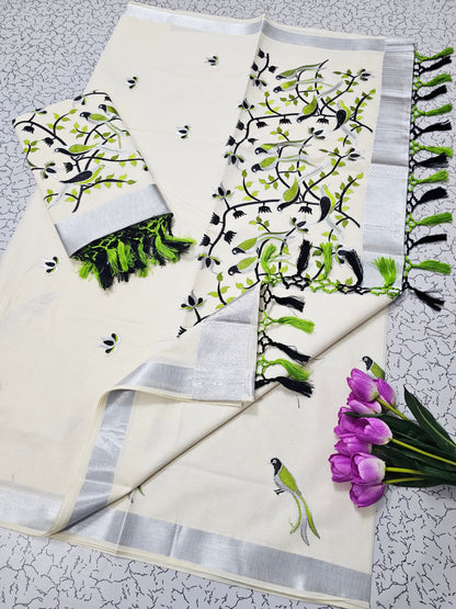 Kerala Kasavu Christmas Special Pure Cotton Saree with Embroidery – Traditional Festive Collection