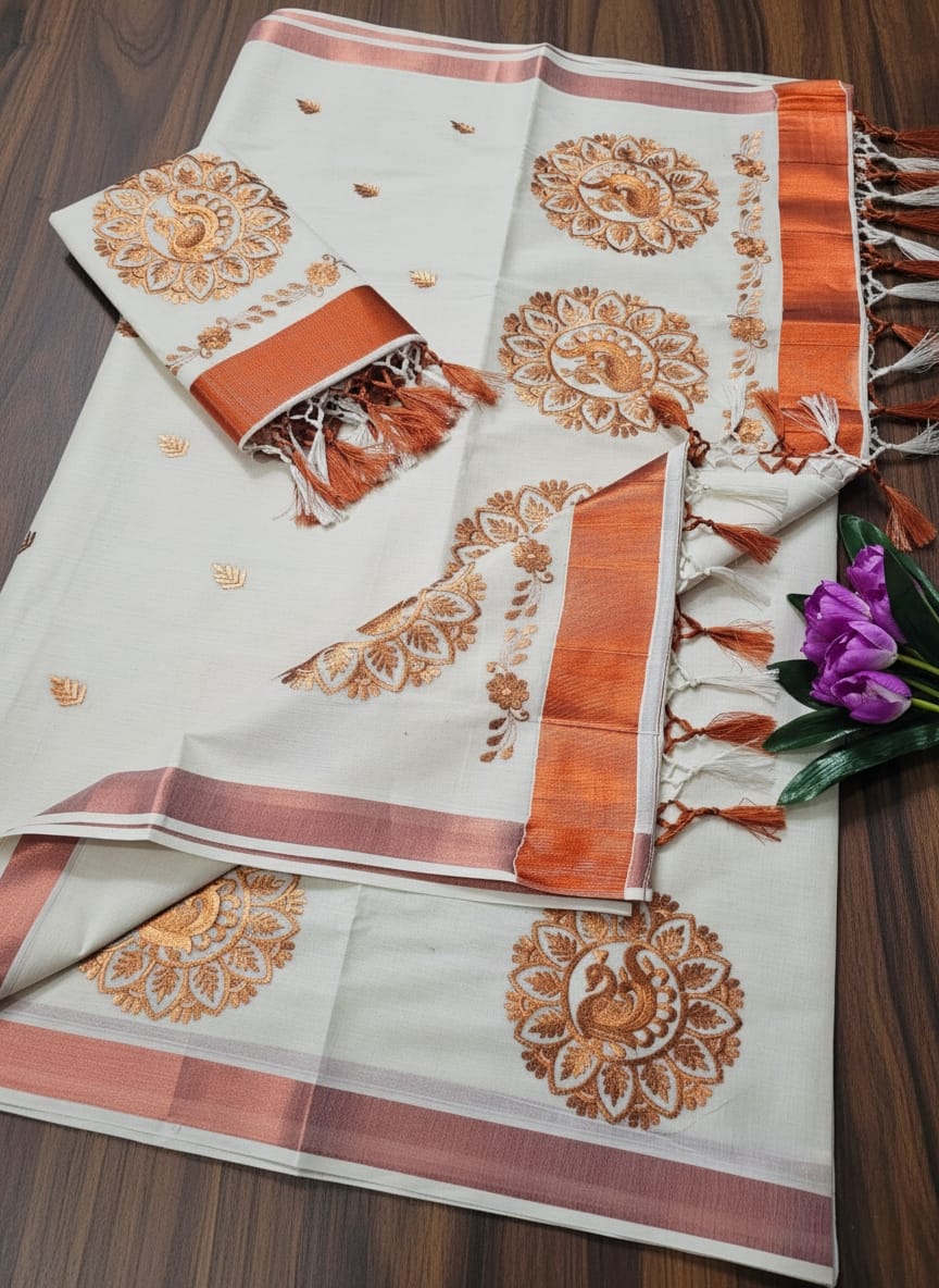 Kerala Kasavu Christmas Special Pure Cotton Saree with Embroidery – Traditional Festive Collection