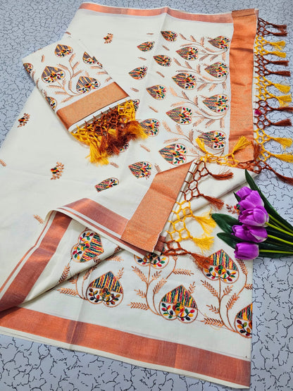 Kerala Kasavu Christmas Special Pure Cotton Saree with Embroidery – Traditional Festive Collection