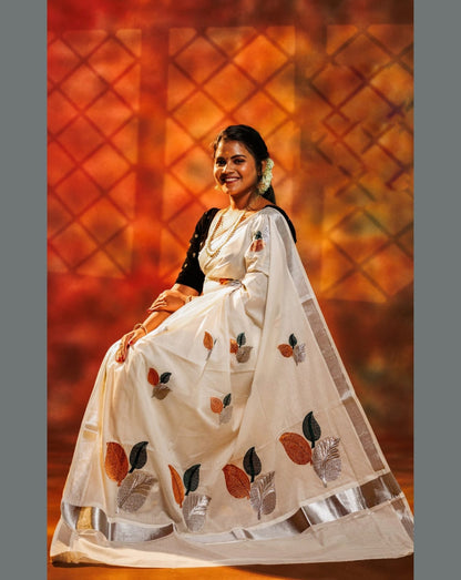 Kerala Kasavu Christmas Special Pure Cotton Saree with Embroidery – Traditional Festive Collection