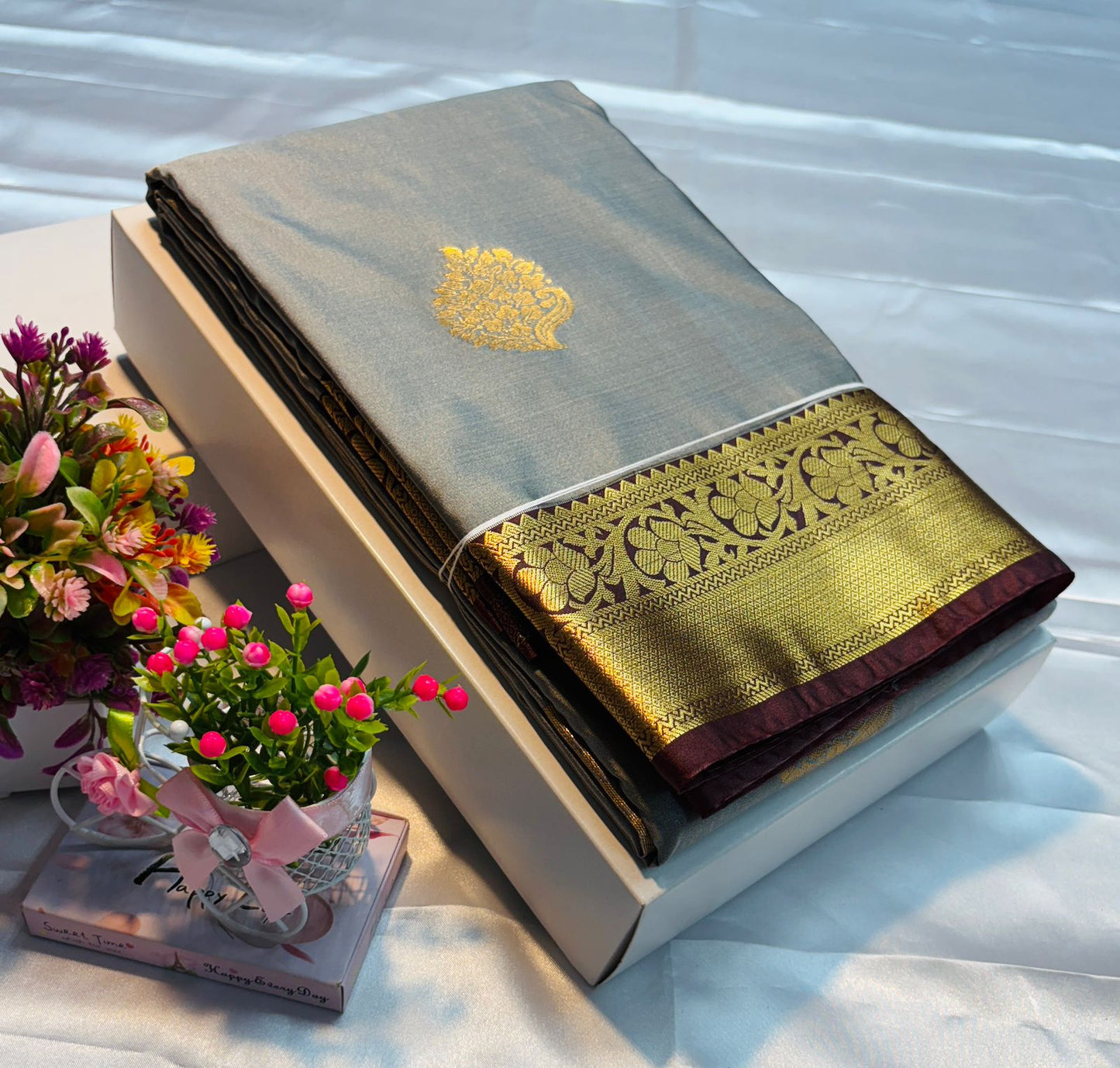 Luxury Border Pure Silky Soft Saree – 75 Dineyar Yarn Weaving with Double Warp Thana Silk, All-Over Butta Work & Rich Pallu