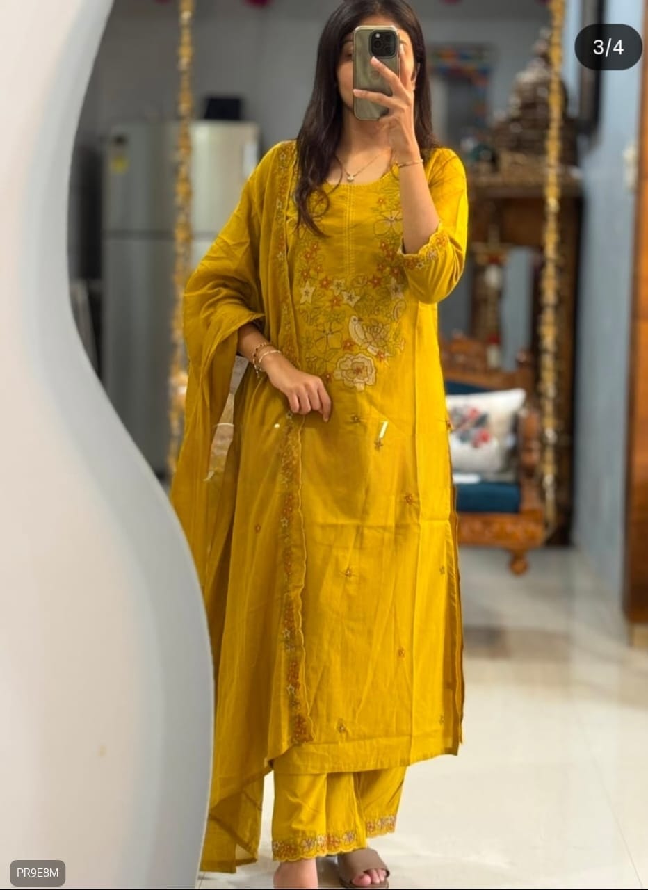 Cotton Embroidered Kurti Pant Dupatta Set for Women