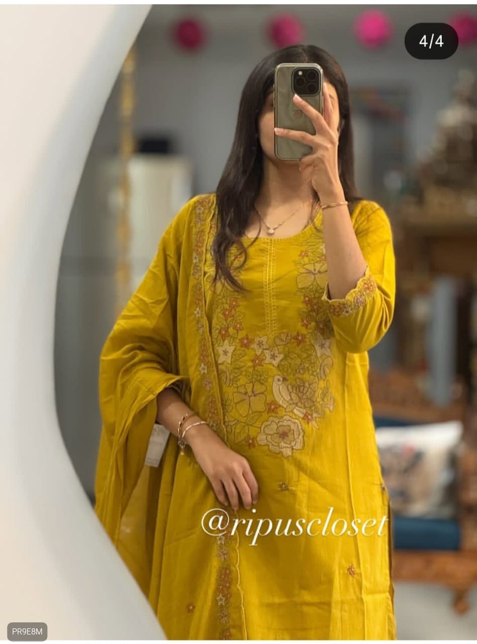 Cotton Embroidered Kurti Pant Dupatta Set for Women