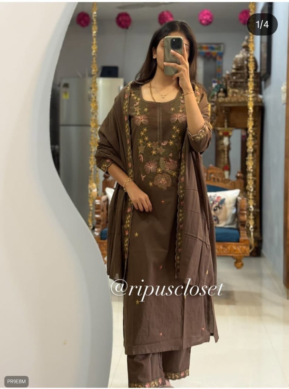 Cotton Embroidered Kurti Pant Dupatta Set for Women