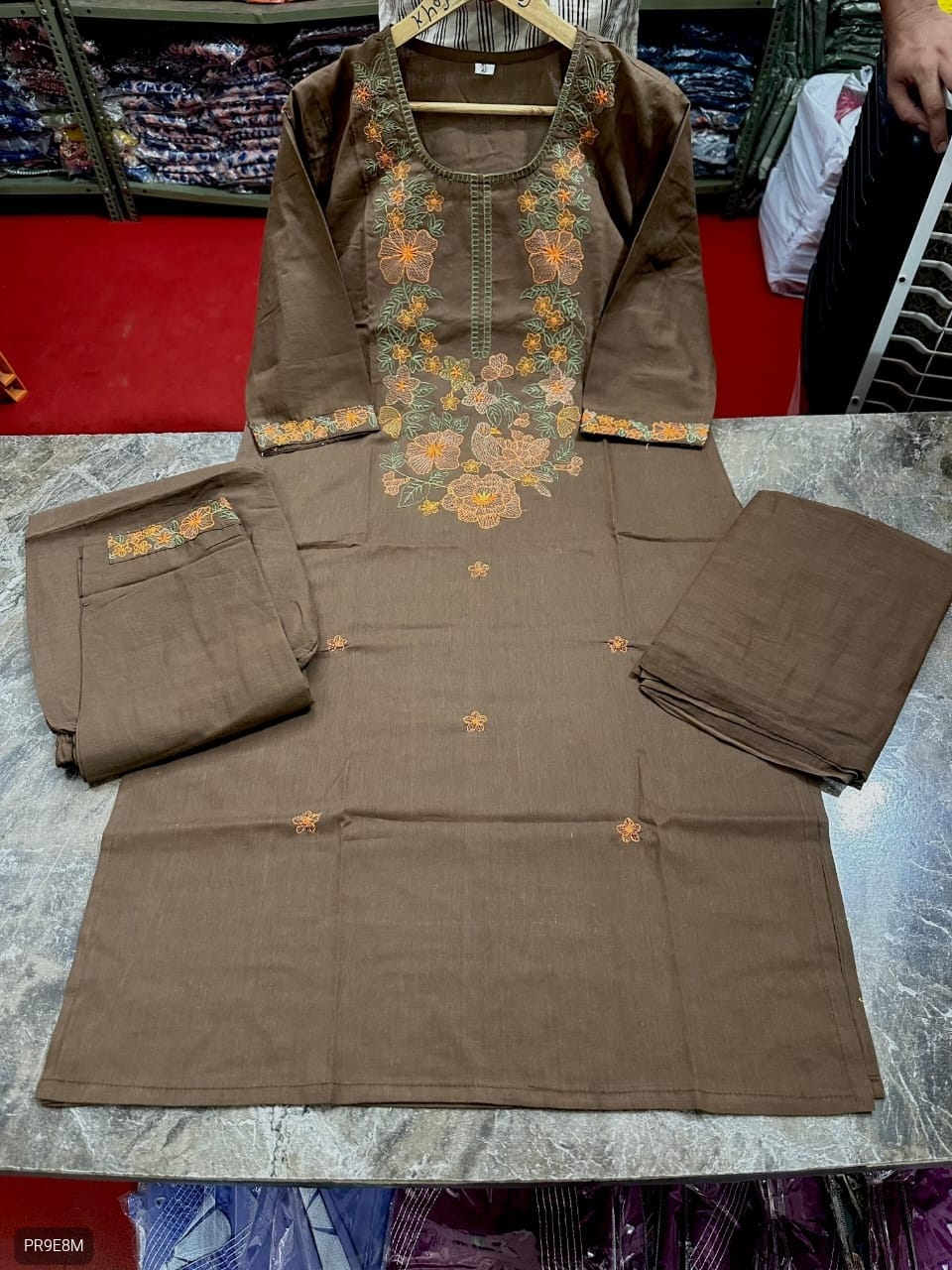 Cotton Embroidered Kurti Pant Dupatta Set for Women