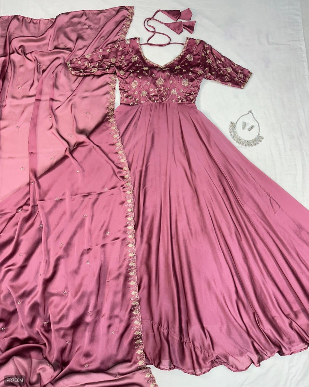 Embroidered Ethnic Gown Set with Dupatta