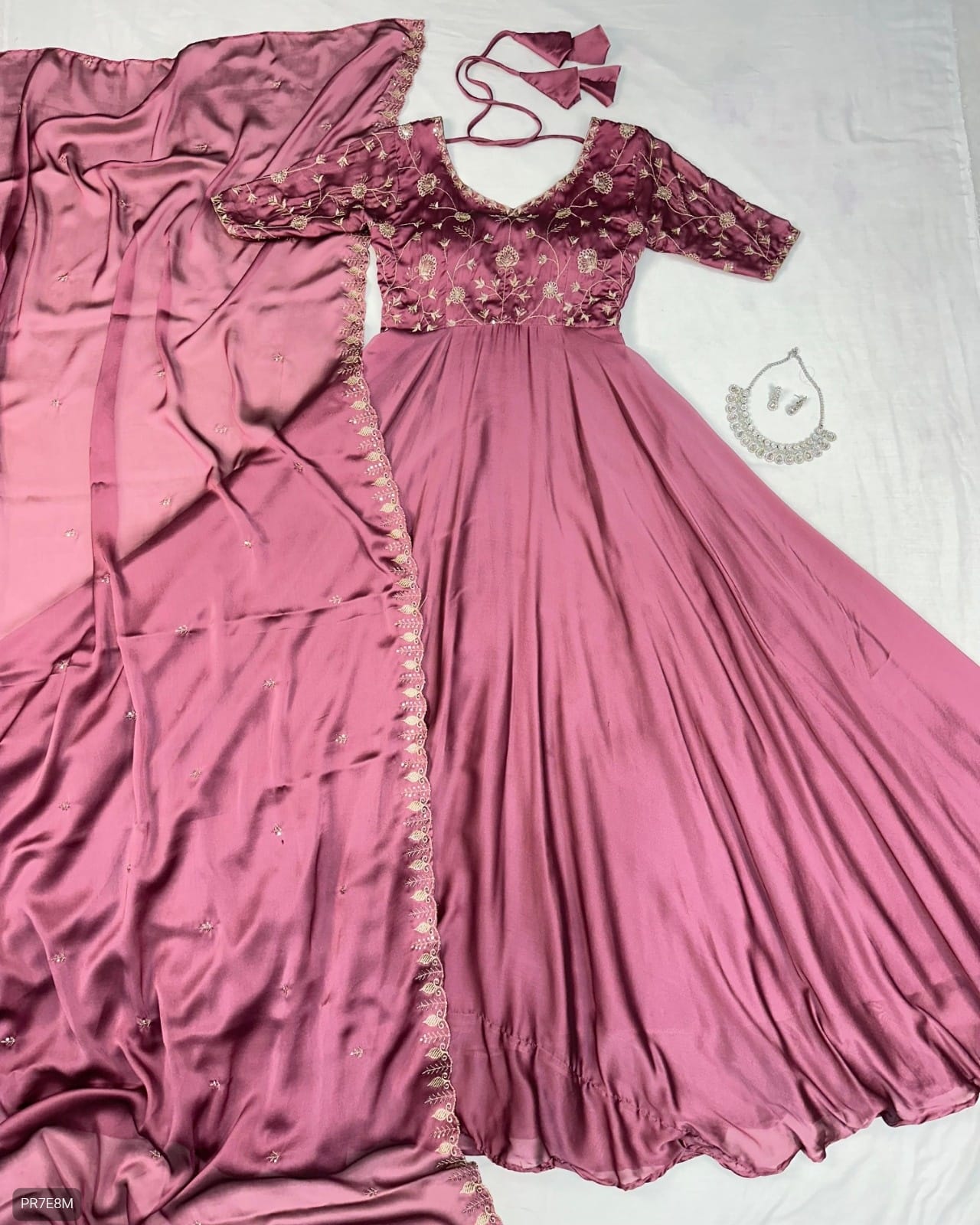 Embroidered Ethnic Gown Set with Dupatta