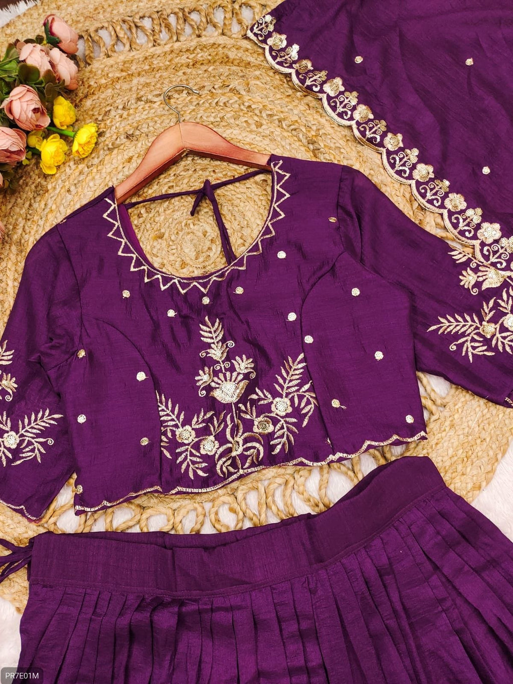 Premium Vichitra Silk Embroidered Lehenga Set