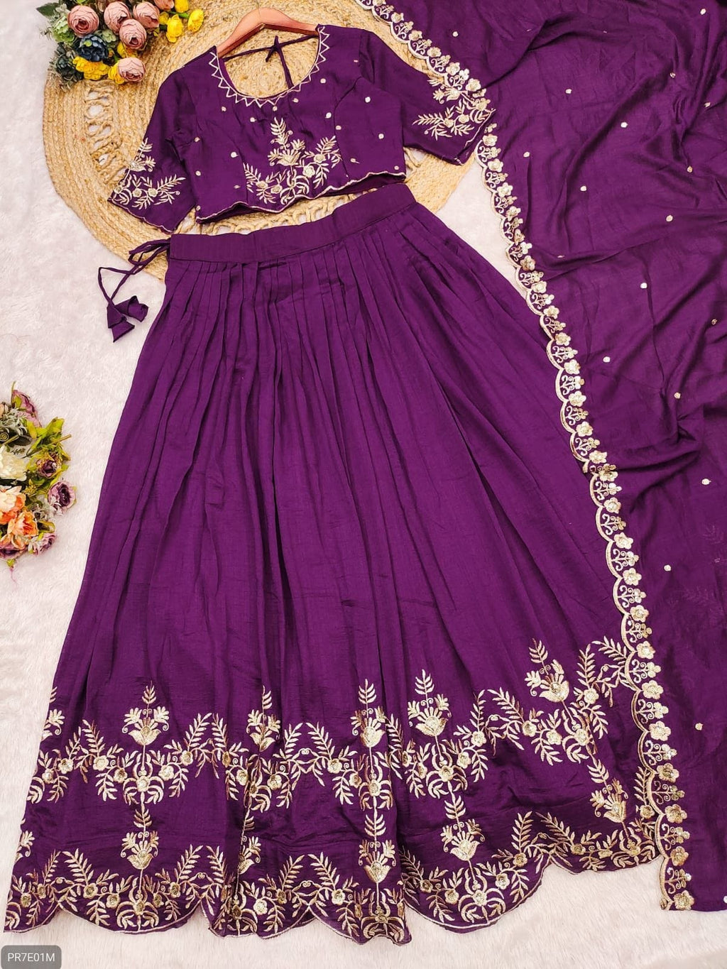 Premium Vichitra Silk Embroidered Lehenga Set