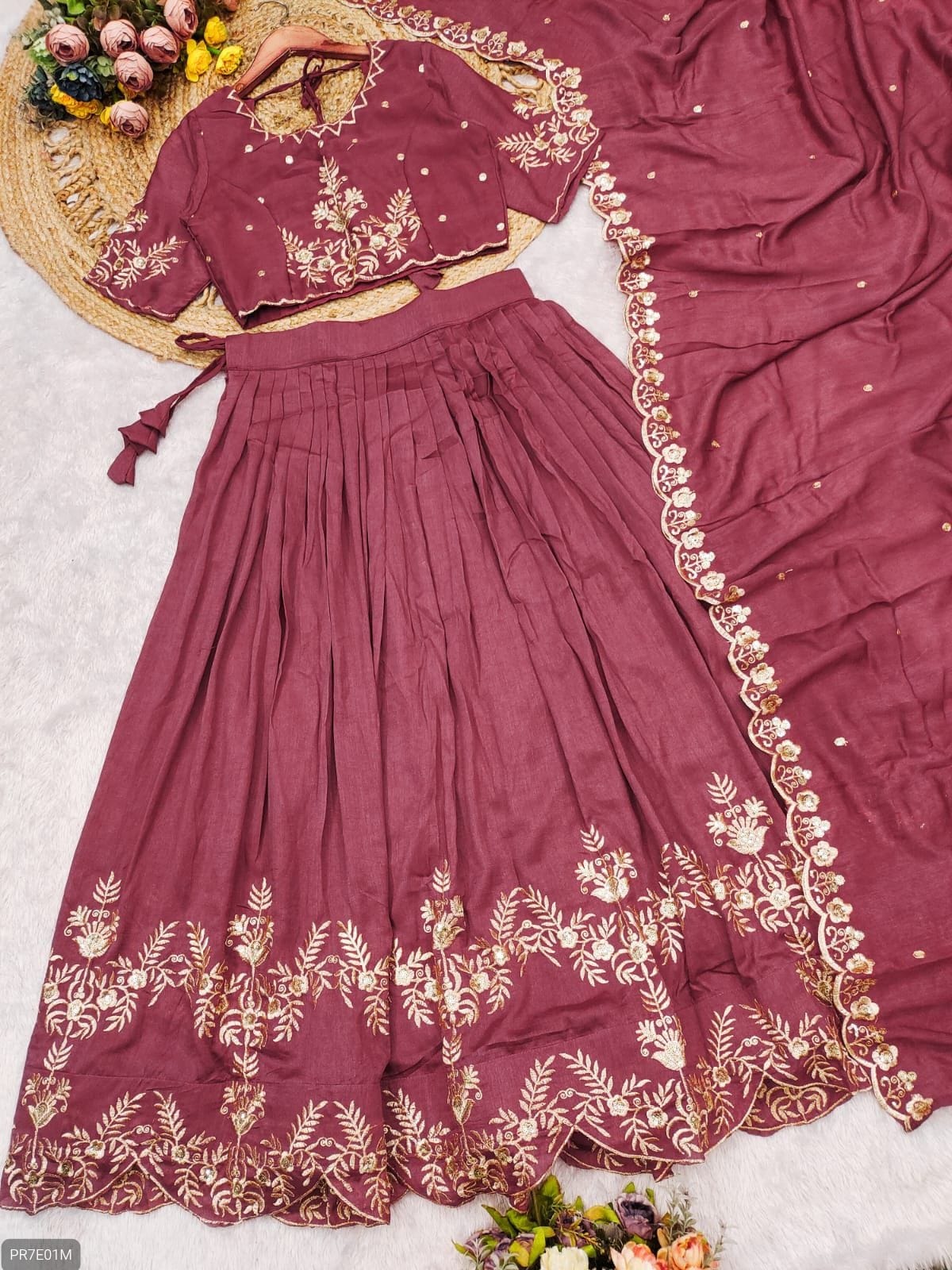 Premium Vichitra Silk Embroidered Lehenga Set
