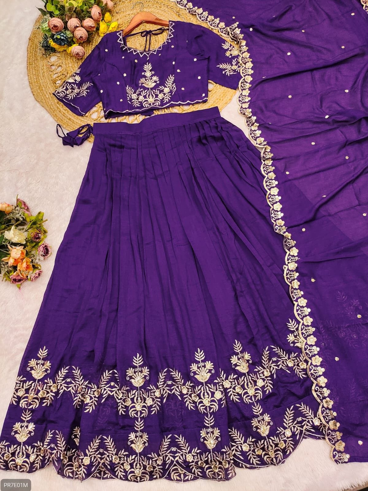 Premium Vichitra Silk Embroidered Lehenga Set