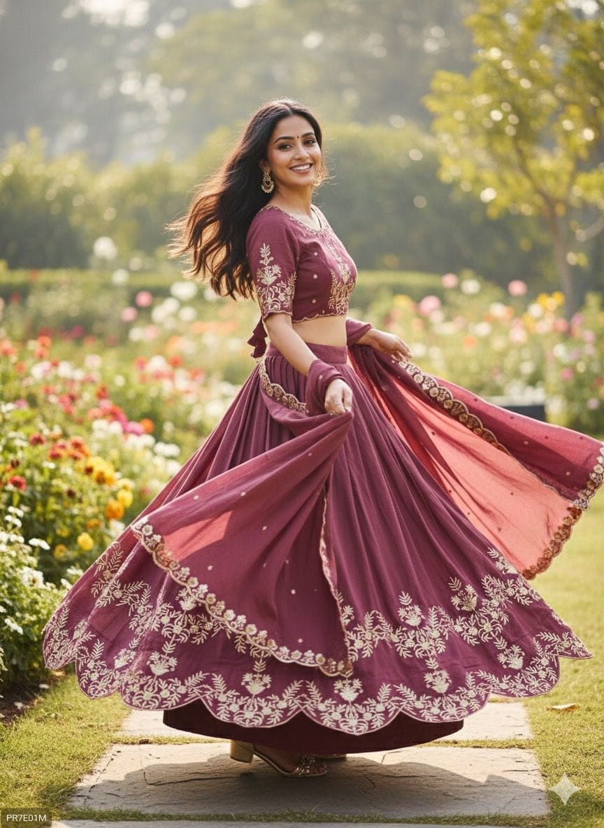 Premium Vichitra Silk Embroidered Lehenga Set