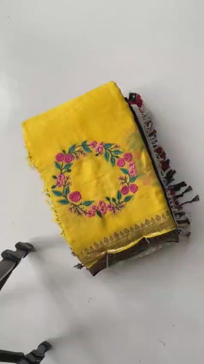 Elegant Viscose Georgette Saree for Women with Multi-Thread Embroidery & Crown Motifs | Soft Lightweight Fabric | Includes Matching Blouse with Self Zari Detailing | Festive & Wedding Wear