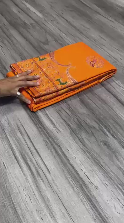 Pure Rajwadi Pashmina Silk Weaving Saree with Kashmiri Thread Work