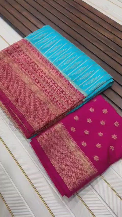 Pure Khaddi Crepe Georgette Saree with Rich Zari Weaving Border & Contrast Hand-Dyed Pallu | Original Hand Chaap Dye Saree with Running Blouse Piece | Premium Traditional Saree for Women