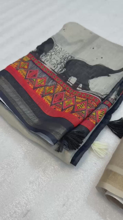 Kalamkari Linen Saree for Women | Soft Lightweight Linen with All-Over Batik Print | Digital Kalamkari Blouse & Rich Pallu with Tassels | Premium Traditional Saree