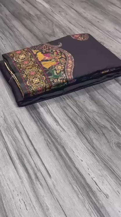 Pure Rajwadi Pashmina Silk Weaving Saree with Kashmiri Thread Work