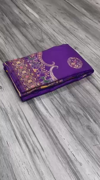 Pure Rajwadi Pashmina Silk Weaving Saree with Kashmiri Thread Work
