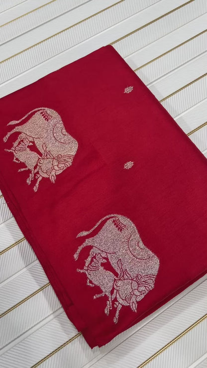 Premium Dola Silk Saree for Women | Heavy Weaving with Satin Effect Border & Zari Butta Design | Contrast Blouse with Zari Butti Work | Wedding & Festive Wear Saree